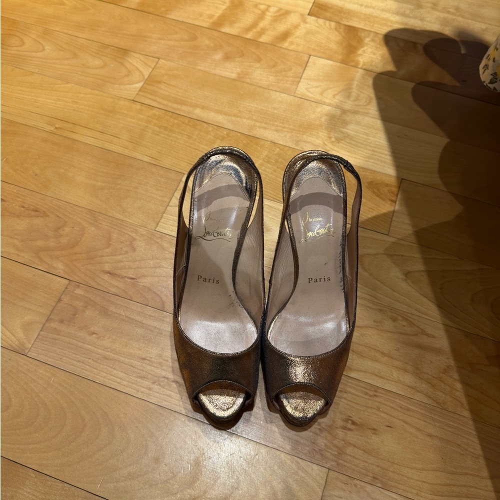 Christian Louboutin Metallic Bronze Peep-Toe Slingbacks